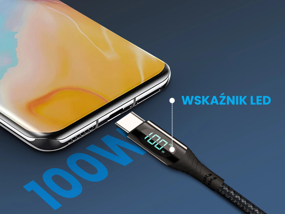 EXTRALINK Smart Life Cable Extralink Smart Life QC 3.0 100 W, Konstrukcja przewodu telefonu, tabletu czy słuchawek - szybkie ładowanie, kabel podłączony do telefonu, w tle 100 w 