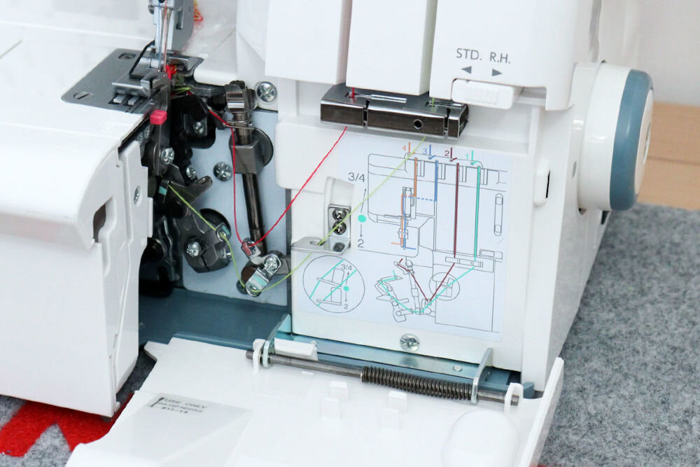 Owerlok JANOME 744D kolorowy system nawlekania nici proste szybkie oznaczone ścieżki krok po kroku