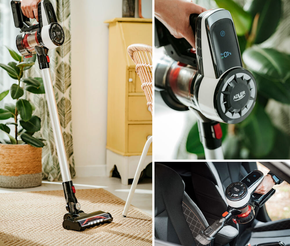 Odkurzacz ADLER AD 7048 Zastosowanie w domu i aucie łączy funkcję odkurzacza pionowego i ręcznego sprzątanie podłóg, mebli, schodów oraz wnętrza samochodu Bezprzewodowa konstrukcja z wymienną baterią litowo-jonową 2000 mAh bez kabli i gniazdek