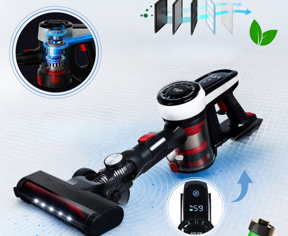 Odkurzacz ADLER AD 7048 Czyste powietrze w domu Technologia filtrowania Dual Cyclone z filtrem stalowym, filtrem przedsilnikowym EPA11  filtrem EPA E11 higiena korzyść komfort wygoda