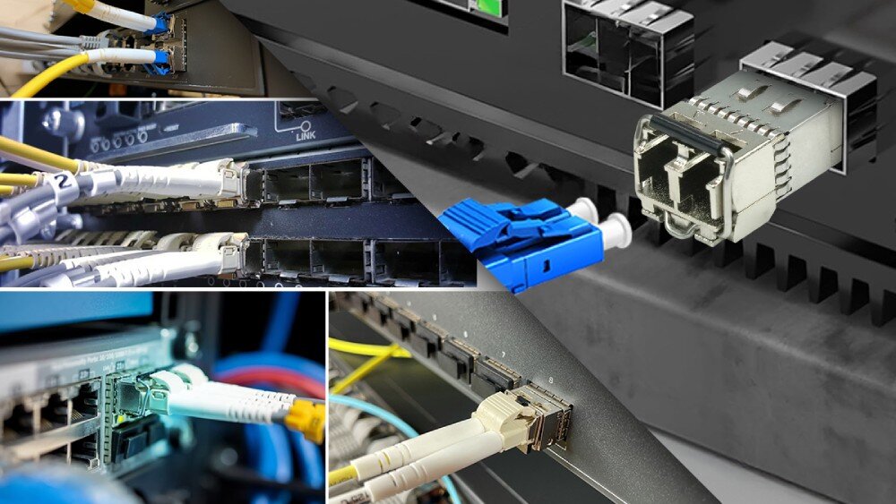 Wkładka SFP28 EXTRALINK EX.31306 (2 szt.) Kolaż pięciu zdjęć przedstawiających różne przełączniki sieciowe z powpinalanymi kablami światłowodowymi oraz zbliżenie na moduł SFP wsuwany do portu urządzenia