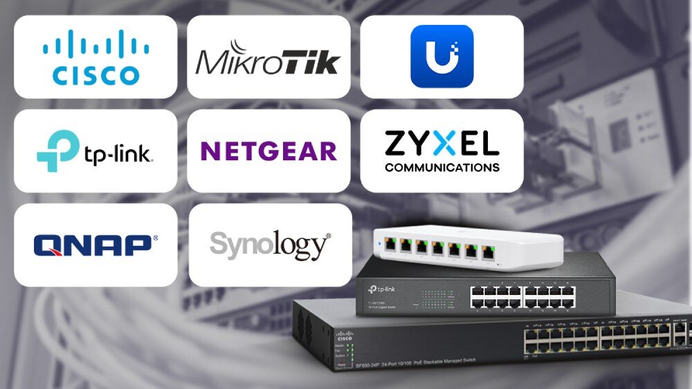 Wkładka SFP28 EXTRALINK EX.31306 (2 szt.) Zestawienie logotypów popularnych producentów sprzętu sieciowego umieszczone nad zdjęciem trzech ułożonych w stos przełączników o różnej wielkości