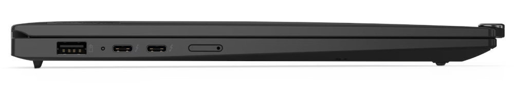 Boczny profil zamkniętego laptopa Lenovo ThinkPad X1 w kolorze czarnym, widoczne porty: jeden USB-A, dwa USB-C oraz gniazdo na kartę SIM, co podkreśla smukłą i funkcjonalną konstrukcję urządzenia. - Dwa porty USB-A (USB 3.2 Gen 1, 5Gbps) Always On Dwa porty USB-C Thunderbolt 4 DisplayPort 2.1 HDMI 2.1 rozdzielczość 4K 60 Hz