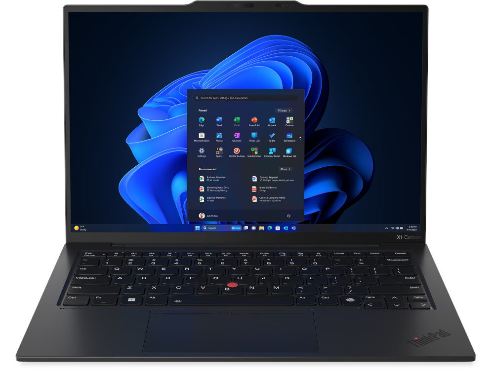 Otwarty laptop Lenovo ThinkPad X1 Carbon na białym tle, ekran wyświetla pulpit systemu Windows 11 z centralnie otwartym menu Start, cienkie ramki wokół ekranu, czarna, minimalistyczna obudowa z czerwonym trackpointem. - 16 GB pamięci RAM LPDDR5 częstotliwości 6400 MHz