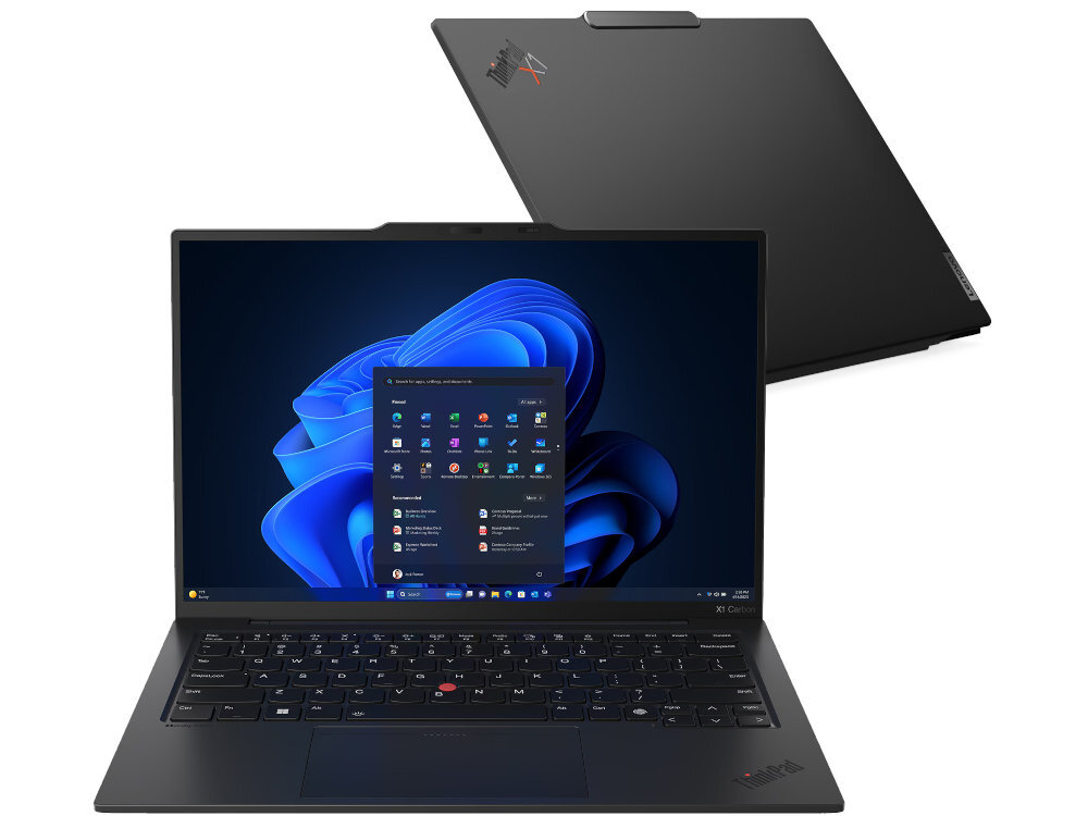 Dwa laptopy Lenovo ThinkPad X1 na białym tle – jeden otwarty z ekranem prezentującym pulpit systemu Windows 11 z otwartym menu Start, drugi zamknięty z widocznym logo ThinkPad X1 na matowej, czarnej pokrywie. - bateria o pojemności 57 Wh szybkie ładowanie 65 W USB-C Slim