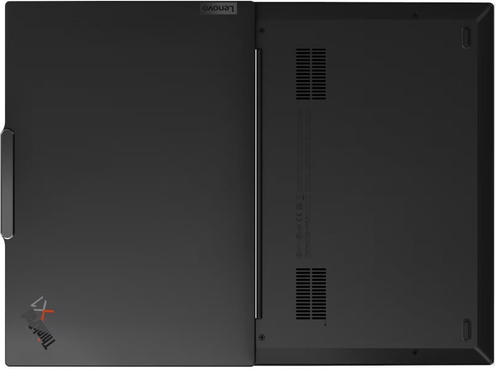 Widok od spodu na rozłożonego na płasko laptopa Lenovo ThinkPad X1 – widoczne dwa otwory wentylacyjne, gumowe nóżki oraz logo ThinkPad X1 na matowej, czarnej obudowie, całość na białym tle. - zabezpieczenia ThinkShield czytnik linii papilarnych przycisk zasilania