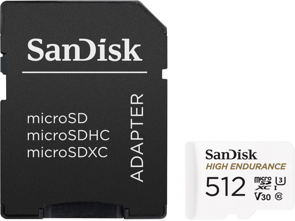 Karta pamięci SANDISK High Endurance microSD 512GB + Adapter prezentacja karty z adapterem na białym tle karta do ciągłego nagrywania
