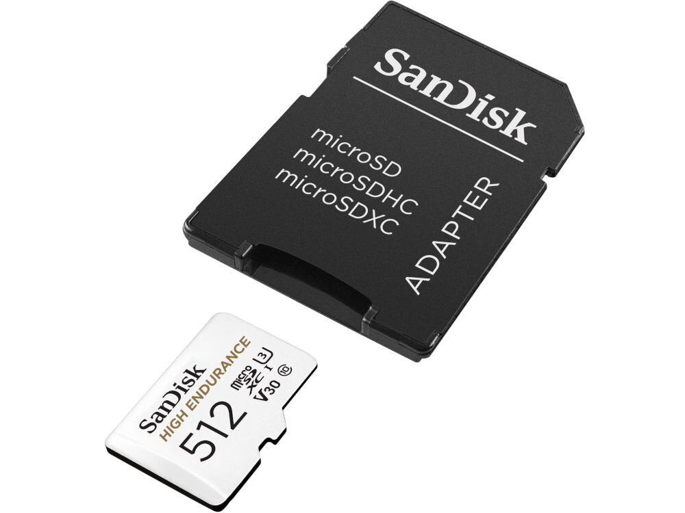 Karta pamięci SANDISK High Endurance microSD 512GB + Adapter prezentacja karty z adapterem na białym tle pod kątem do monitoringu i kamer samochodowych uchwycenie ważnych zdarzeń