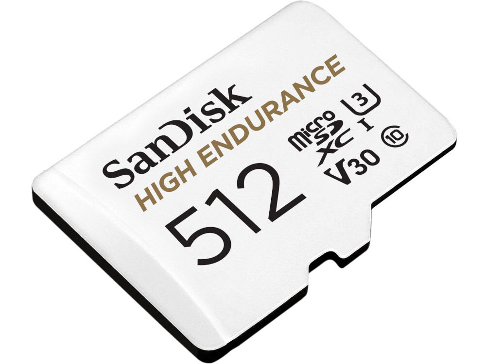 Karta pamięci SANDISK High Endurance microSD 512GB + Adapter prezentacja karty na białym tle pod kątem 512 GB 40000 godzin nagrywania rejestrowanie zdarzeń bez przerw