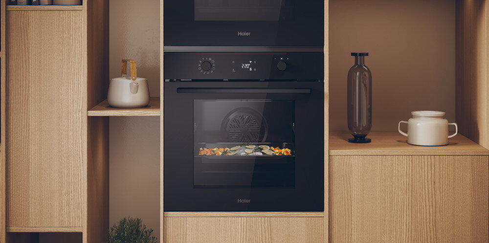 PIEKARNIK HAIER H6 ID25B3LYTB książka kucharska zdalne sterowanie smartfonem aplikacja ułatwienia rezultaty sztuczna inteligencja Pieczenie na parze para soczyste aromatyczne bez kalorii pojemność 78 litrów wnętrze kulinarne wyzwania dwa systemy czyszczenia pyroliza hydroliza woda spalanie resztek wycieranie szmatką łatwe usuwanie zabrudzeń