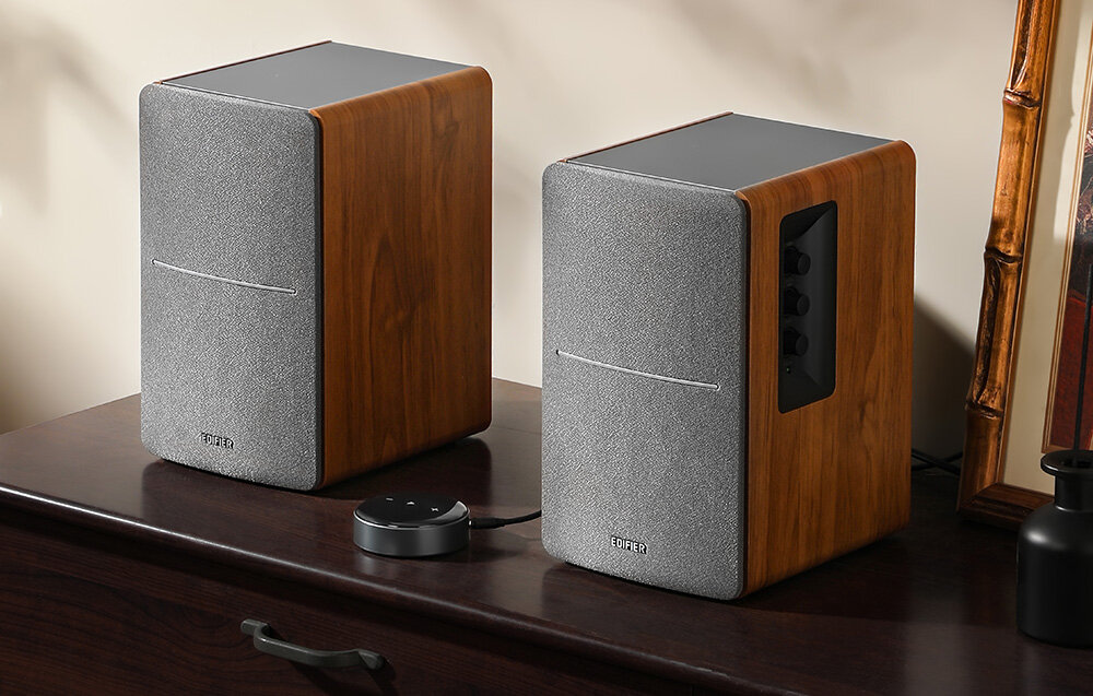 Aktywne kolumny głośnikowe EDIFIER R1280T Brązowe (2 szt.) + streamer WiiM Mini rezonans akustyczny technologia vintage obudowa glosnikow plyta mdf