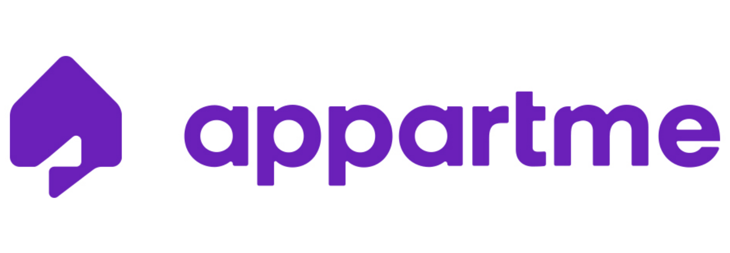 Logo z fioletowym symbolem przypominającym dom oraz napisem \'appartme\'.