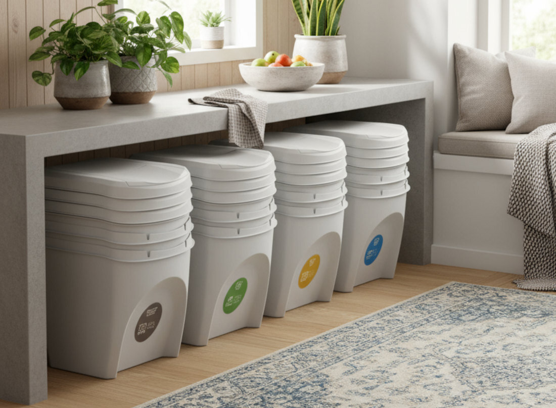 Kosza na śmieci PROSPERPLAST Sortibox IKWB25S4 (4x25l) Popielaty design prezentacja wizualizacja Wygodna segregacja odpadów