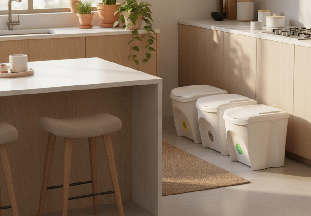 Kosza na śmieci PROSPERPLAST Sortibox IKWB25S4 (4x25l) Popielaty Trwałość na lata z solidnego tworzywa sztucznego  uszkodzenia, wilgoć i łatwe czyszczenie estetyczny wygląd i higienę przez długi czas użytkowania Stonowana szarość 