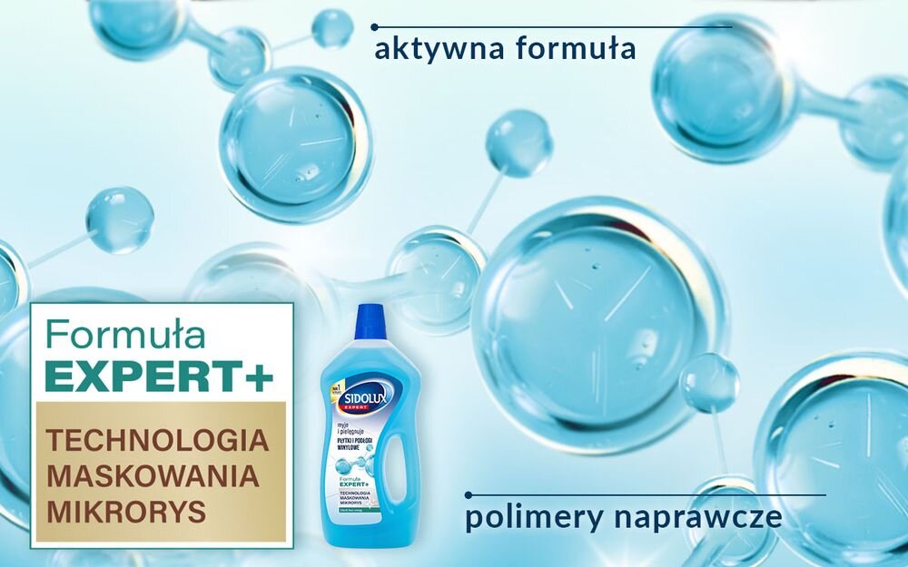 Obraz przedstawia butelkę płynu do mycia podłóg SIDOLUX Expert Plus Płytki i winyle 750 ml na tle niebieskich cząsteczek. Widoczny jest tekst: \'Formuła EXPERT+ TECHNOLOGIA MASKOWANIA MIKRORYS\', \'aktywna formuła\', \'polimery naprawcze\'.