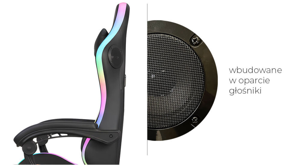 Fotel gamingowy COBRA WS8152 RGB + BT Głośniki Czarny zbliżenie na głośnik fotel od boku na białym tle głośniki Bluetooth, dźwięk w fotelu, immersja, system audio