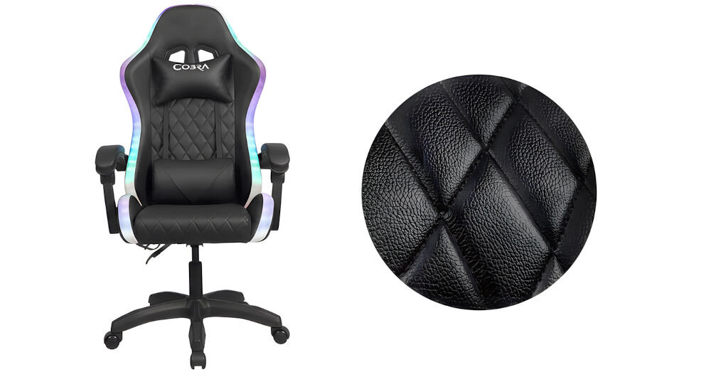 Fotel gamingowy COBRA WS8152 RGB + BT Głośniki Czarny fotel na białym tle zbliżenie na materiał skóra ekologiczna, łatwe czyszczenie, trwałość, fotel COBRA