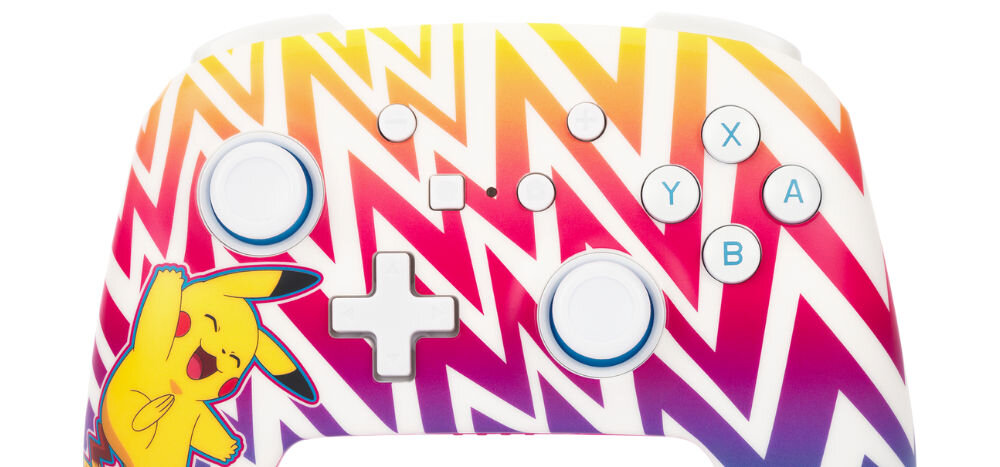 Kontroler POWERA NSGP0262-01 Enhanced Pikachu Vibrant prezentacja kontrolera od przodu na białym tle dla fanów Nintendo Switch oficjalnie licencjonowany pad bezprzewodowy grafika z kultowym Pikachu styl funkcjonalność