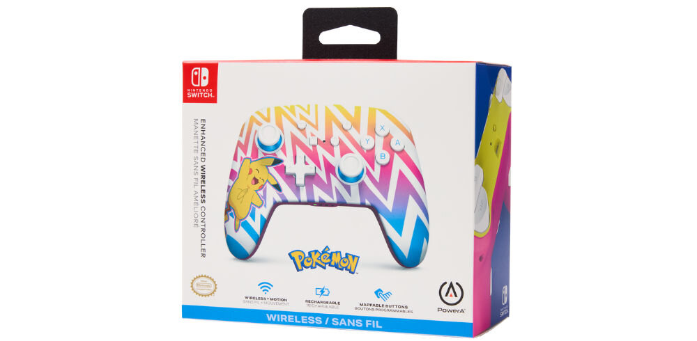 Kontroler POWERA NSGP0262-01 Enhanced Pikachu Vibrant prezentacja kontrolera w pudełku na białym tle pierścienie przeciwcierne płynne i dokładne ruchy analogów układ przycisków Nintendo