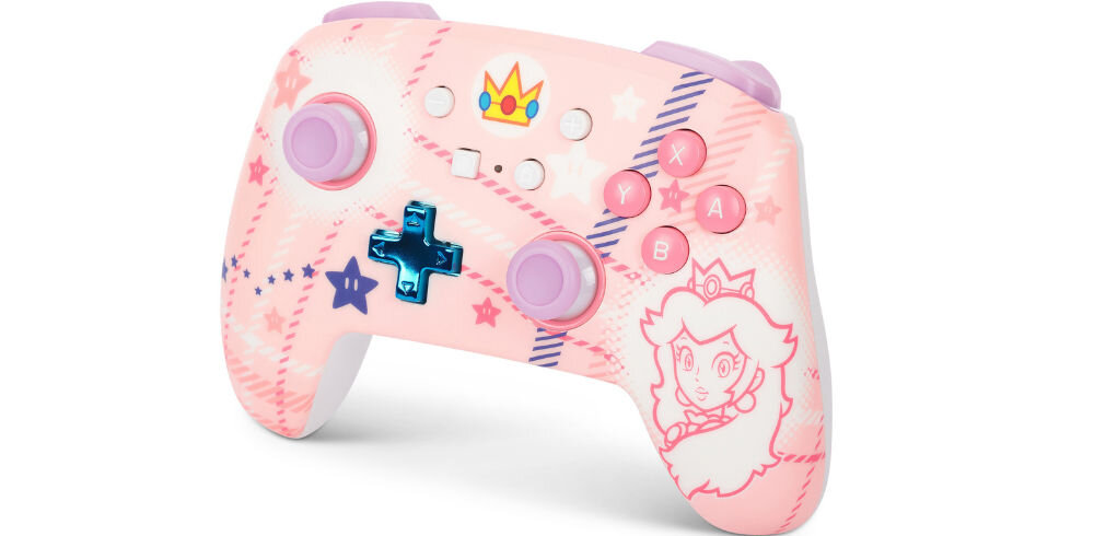 Kontroler POWERA NSGP0255-01 Enhanced Princess Peach Plaid prezentacja kontrolera od przodu na białym tle