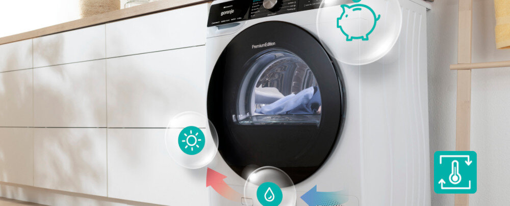 SUSZARKA GORENJE DNS93PL wizualizacja lifestyle ikonki znaczki suszarka zamknięta front bok odzież w bębnie Pompa ciepła energooszczędność łagodne działanie bezpieczne suszenie