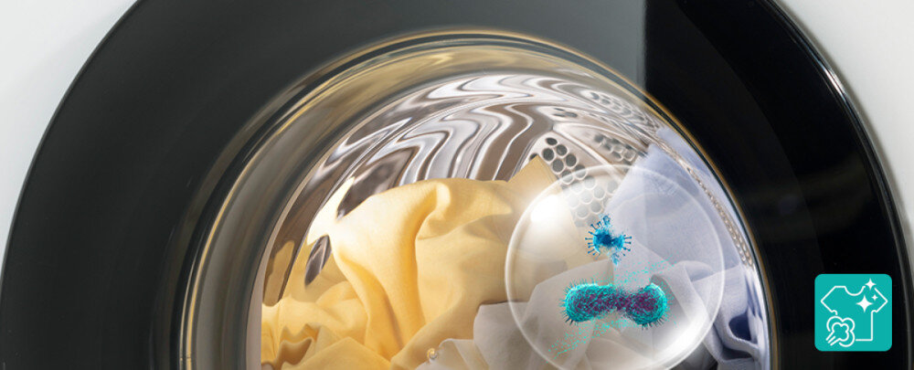 SUSZARKA GORENJE DNS93PL wizualizacja lifestyle bęben wnętrze ubrania odzież ikona drobnoustroje Higienicznie czyste ubrania wysoka temperatura usuwanie alergenów