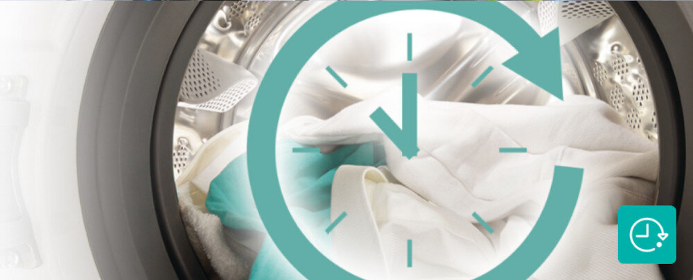 SUSZARKA GORENJE DNS93PL wizualizacja drzwiczki widoczne wnętrze ubrania w środku bebna ikona zegar czas lifestyle Zaplanuj koniec suszenia Delay End czas planowanie godzina