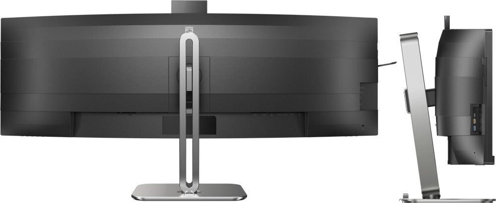 Monitor PHILIPS 49B2U6900CH Monitor widziany od tyłu oraz z boku. Widoczne są otwory montażowe VESA, podstawa oraz boczny panel z portami USB, konstrukcja, regulacja, wysokość, pochylenie