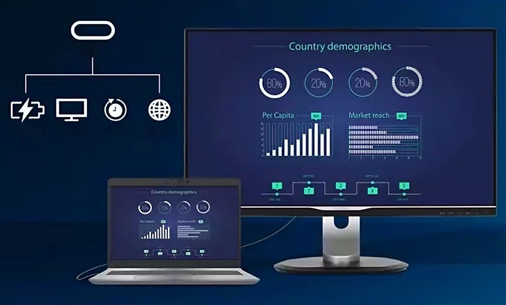 Monitor PHILIPS 49B2U6900CH Laptop podłączony do dużego monitora. Na ekranie wyświetlone są wykresy oraz dane liczbowe. Nad laptopem widnieją ikonograficzne symbole przedstawiające połączenie zasilania, ekranu, danych i sieci internetowej, podłączenie, hub