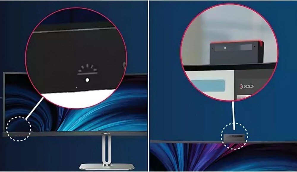 Monitor PHILIPS 49B2U6900CH Dwa zbliżenia na elementy monitora. Po lewej stronie wskaźnik statusu pracy na dolnej ramce monitora. Po prawej kamera internetowa z czerwoną diodą sygnalizującą aktywność, wskaźnik aktywności