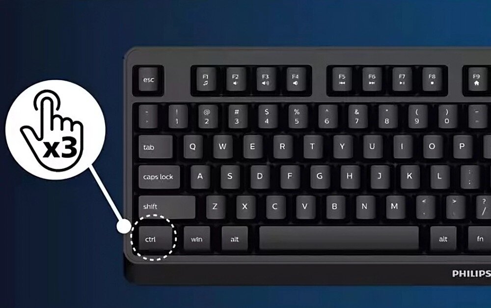 Monitor PHILIPS 49B2U6900CH Klawiatura z oznaczonym klawiszem „Ctrl” oraz ikoną przedstawiającą trzy naciśnięcia przycisku. Grafika ilustruje funkcję SmartKVM, przełączanie, obsługa