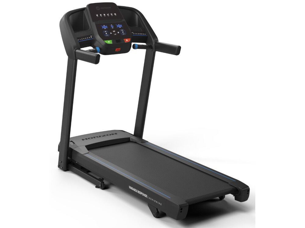 Bieżnia elektryczna HORIZON FITNESS T101 -27 1840W 18km-h bieżnia na białym tle widoczna pod skosem różnorodne treningi w domu regulacja prędkości w zakresie 0,8–18 km/h regulacja nachylenia w zakresie 0–10% można dopasować intensywność wspiera utrzymanie kondycji poprawia wydolność ułatwia regularne ćwiczenia