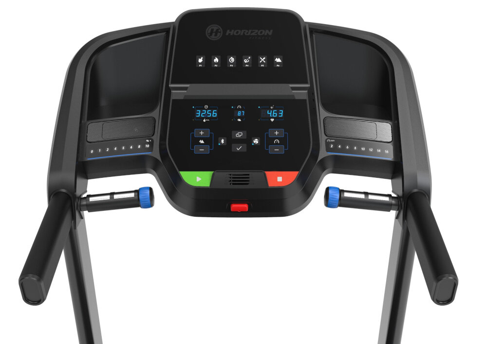 Bieżnia elektryczna HORIZON FITNESS T101 -27 1840W 18km-h zbliżenie na konsolę uchwyt na butelki półka na urządzenia smart wbudowany wentylator port USB-A do ładowania komfortowe ćwiczenia dostęp do rozrywki muzyki aplikacji fitness