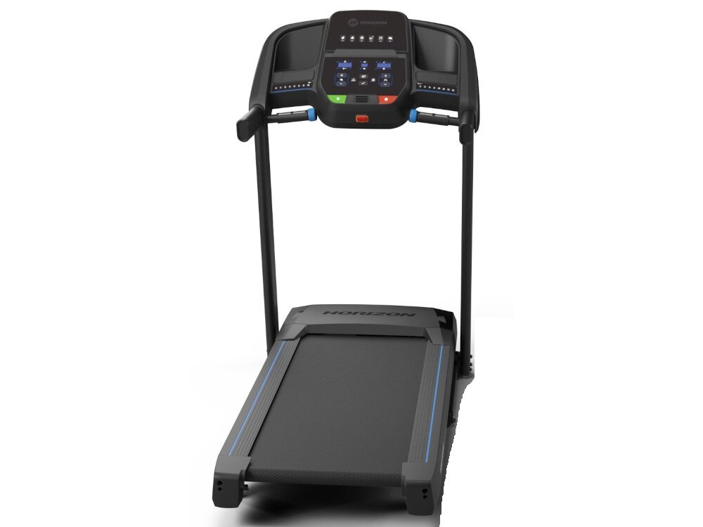 Bieżnia elektryczna HORIZON FITNESS T101 -27 1840W 18km-h bieżnia na białym tle widoczna od przodu przyciski Direct Speed&Incline szybkie ustawienie pożądanych parametrów zwiększa kontrolę nad treningiem można dopasować ćwiczenia do własnego poziomu zaawansowania