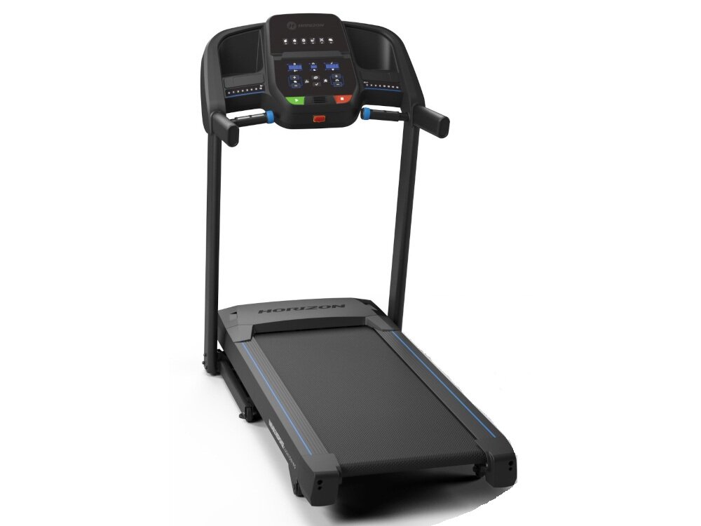 Bieżnia elektryczna HORIZON FITNESS T101 -27 1840W 18km-h bieżnia na białym tle widoczna pod skosem od przodu pod lekkim skosem dla użytkowników o wadze do 125 kg stabilna rama bezpieczeństwo równomierne rozłożenie obciążenia