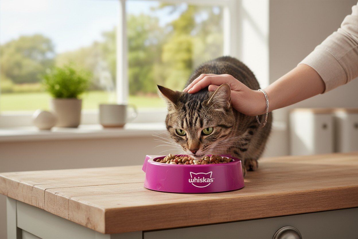 Miska dla kota WHISKAS Fioletowy kot jedzący suchą karmę z miski w tle okno