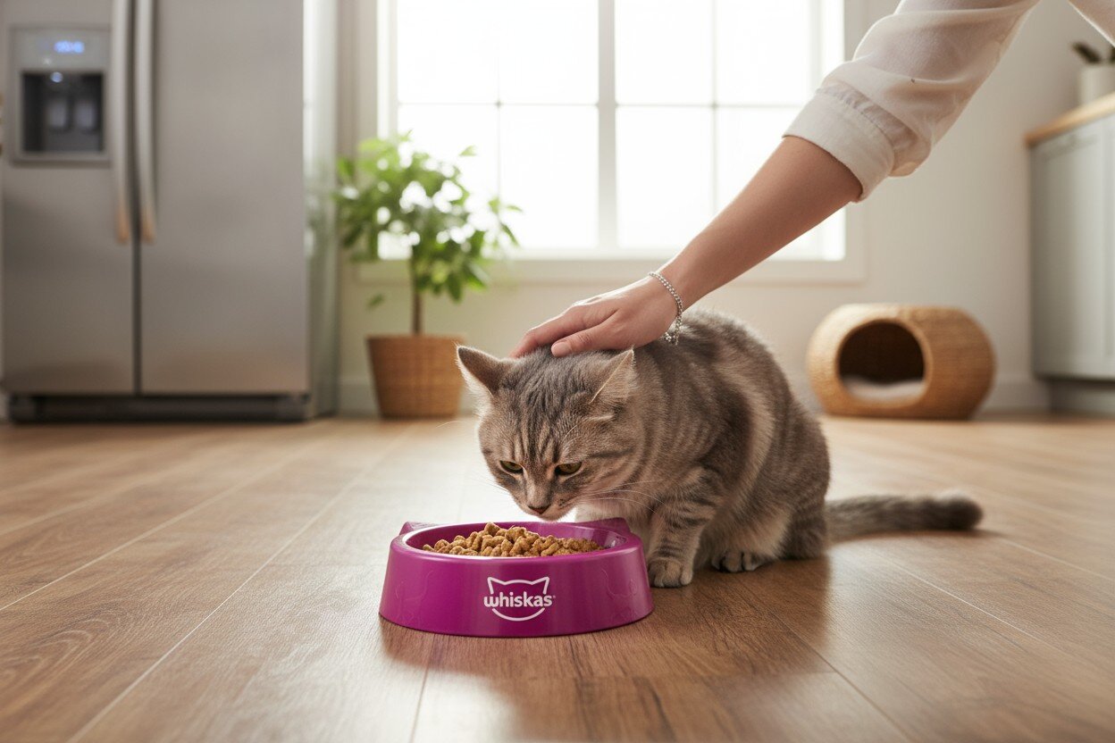 Miska dla kota WHISKAS Fioletowy kot jedzący z miski w tle legowisko dla kota