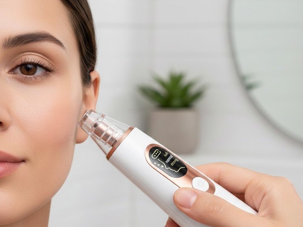 Urządzenie do mikrodermabrazji BeautyMe BR501 Skin Prrotect napięta skóra cyrkulacja krwi redukcja zmarszczek Kobieta przykłada końcówkę urządzenia BeautyMe BR501 do policzka, prezentując sposób użycia odkurzacza do wągrów na skórze twarzy.