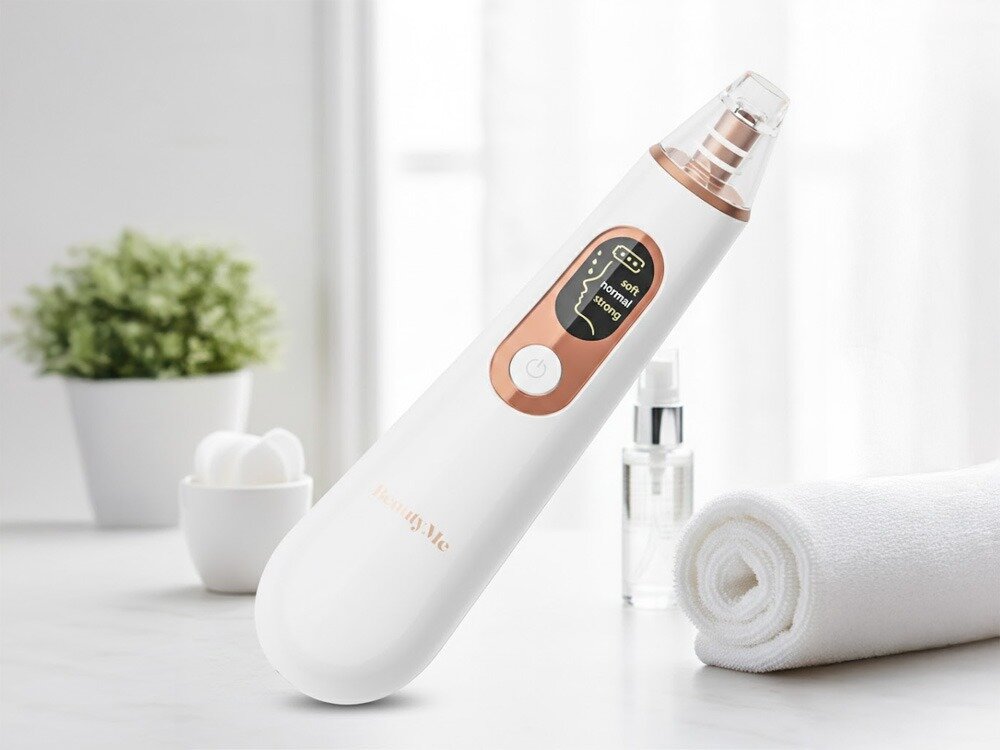 Urządzenie do mikrodermabrazji BeautyMe BR501 Skin Prrotect 4 głowice 3 tryby moc Białe urządzenie do mikrodermabrazji domowej BeautyMe BR501 z widocznym wyświetlaczem LCD i eleganckimi wstawkami w kolorze różowego złota.