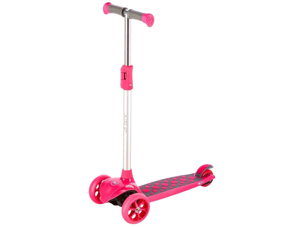 Hulajnoga dla dzieci NILS FUN HLB02 Różowy hulajnoga na bialym tle widoczna pod skosem niepowtarzalny design funkcjonalnosc grajda z jazdy ergonomiczna konstrukcja solidne materialy dla dzieci od wieku 2 lat rozowa rozwoj koordynacji ruchowej rownowagi koordynacji dla dziewczynek i chlopcow