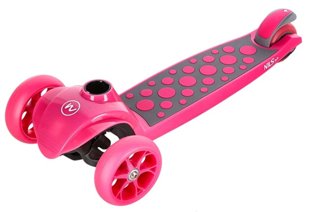 Hulajnoga dla dzieci NILS FUN HLB02 Różowy widok na podest lekka platforma z wysokiej jakosci tworzywa sztucznego antyposlizgowa powierzchnia wymiar podestu 31,5 x 11,5 cm miejsce na nogi trwalosc stabilnosc bezpieczne uzytkowanie obciazenie do 50 kg solidnosc komfort