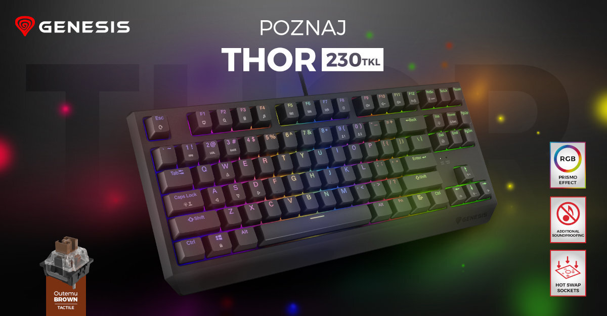 GENESIS Thor 230 TKL konstrukcją non-floating system Hot Swap Double Injection piankę wyciszającą fabrycznie nasmarowane stabilizatory rozmiar TKL - klawiatura na ciemnym tle