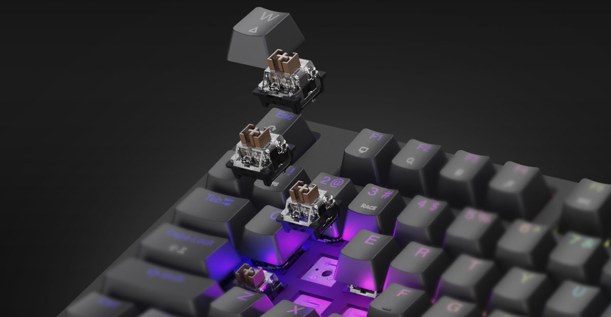 GENESIS Thor 230 TKL przełączników Outemu Brown system Hot Swap 3-pinowego przełącznika Outemu, Akko czy KTT systemowi Hot Swap - zbliżenie na przełączniki