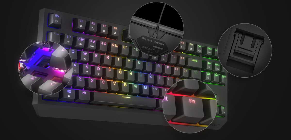 GENESIS Thor 230 TKL Dedykowany kanał przewód w oplocie trzech kierunków podwójne, rozkładane nóżki regulację nachylenia w dwóch poziomach funkcja aktywacji klawiszy funkcyjnych bez użycia przycisku FN - zbliżenie na udogodnienia klawiatury
