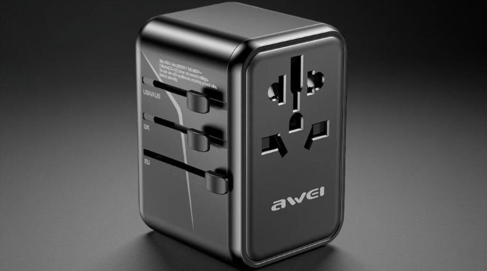 Adapter AWEI C-40 Czarny, porty, usb, kilka, moc, 65 W, na srebrno czarnym tle adapter stoi pionowo frontem lewo skos