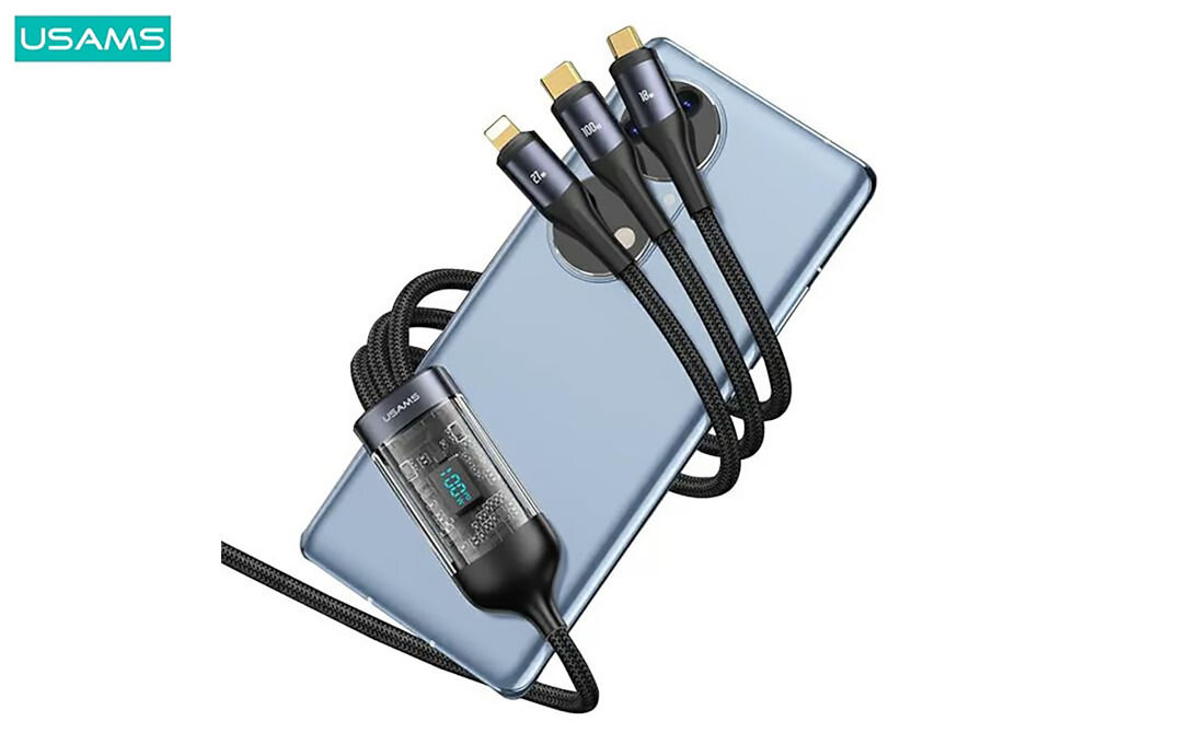 KABEL Z WYŚWIETLACZEM USAMS 100W 1,2M 3W1 LIGHTNING MICRO USB USB C CZARNY rdzeń miedzianych żył w oplocie z aluminium pleciony nylonowy splot