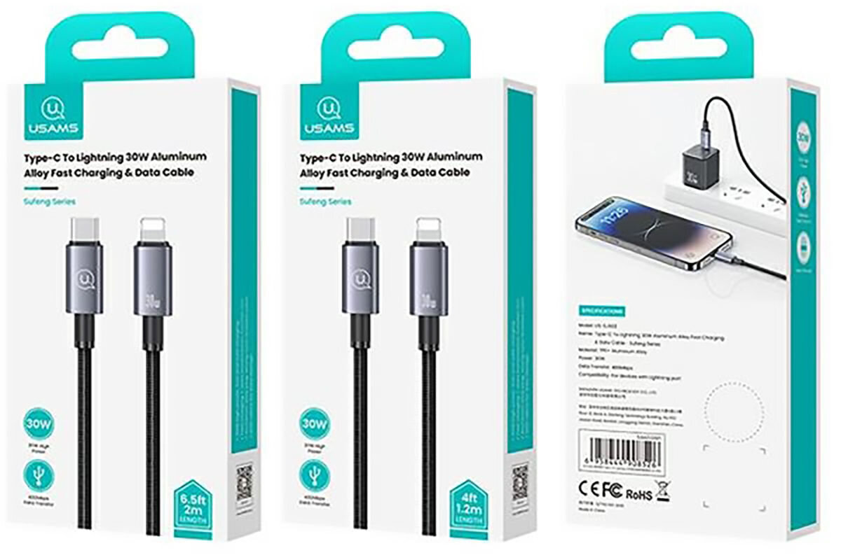 Kabel USB-C - Lightning USAMS SJ662USB01 30W 1.2 m Stalowy miedziane żyły osłonięte aluminiowym oplotem pleciony nylonowy splot zwiększona odporność na zginanie końcówki wzmocnione elastycznym materiałem
