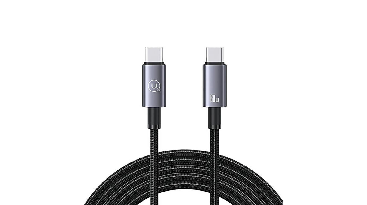 Kabel USB-C - USB-C USAMS SJ664USB01 60W 2 m Stalowy miedziane żyły osłonięte aluminiowym oplotem pleciony nylonowy splot zwiększona odporność na zginanie końcówki wzmocnione elastycznym materiałem