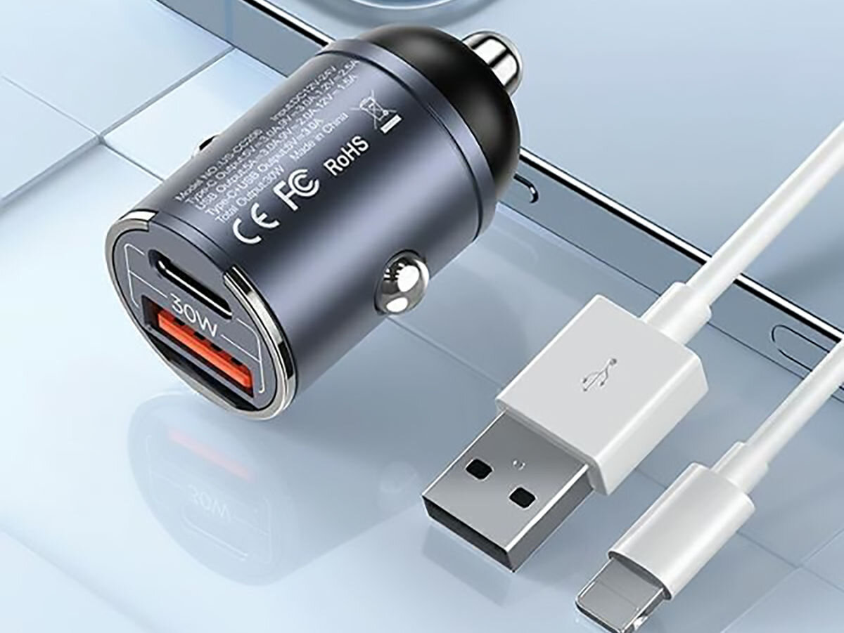 Ładowarka samochodowa USAMS C38 30W PD Fast Charge Stalowy moc wyjściowa 30 W USB-C USB-A szybkie ładowanie Power Delivery Quick Charge