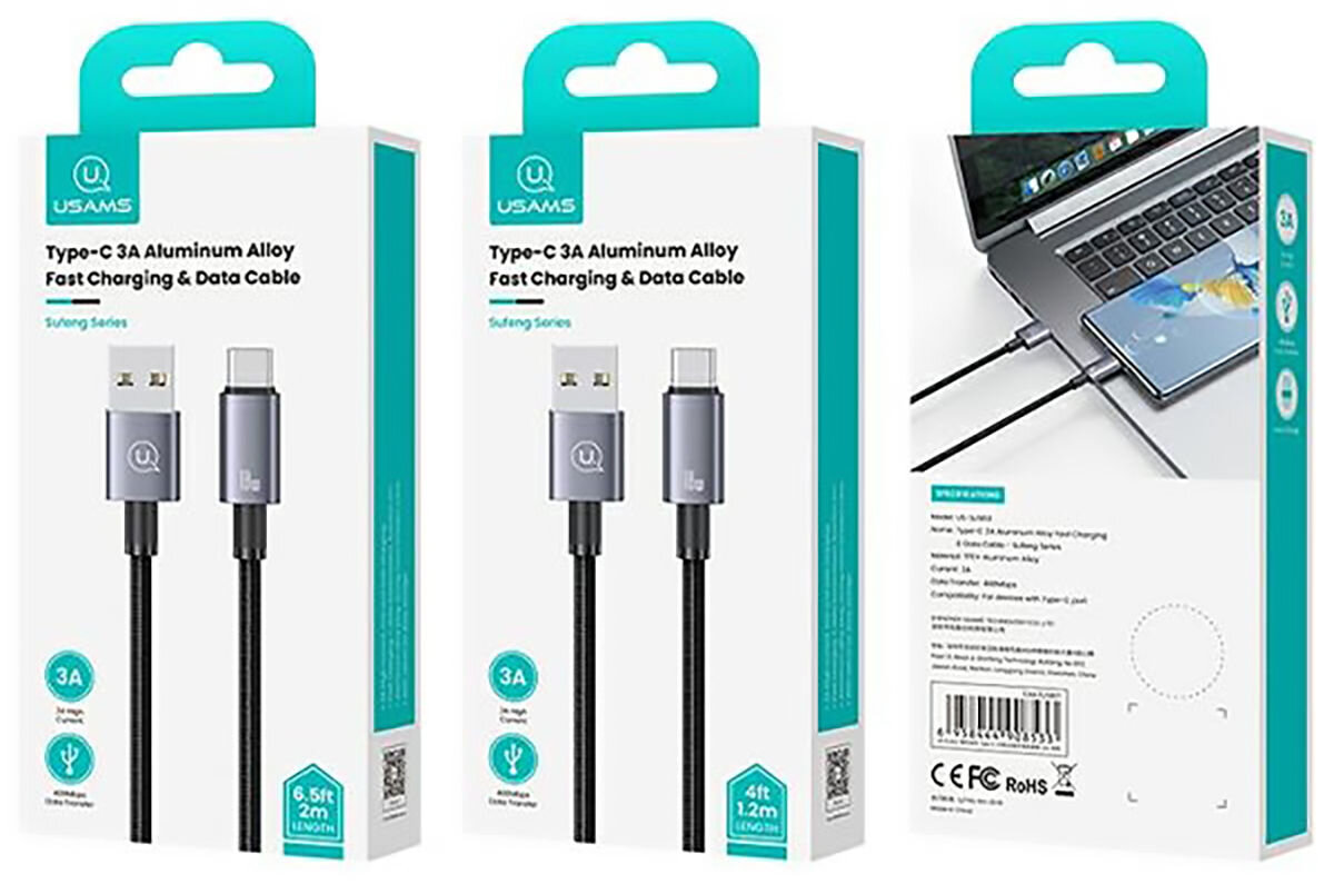 Kabel USB - USB-C USAMS SJ663USB01 3A 1.2 m Stalowy miedziane żyły osłonięte aluminiowym oplotem pleciony nylonowy splot zwiększona odporność na zginanie końcówki wzmocnione elastycznym materiałem